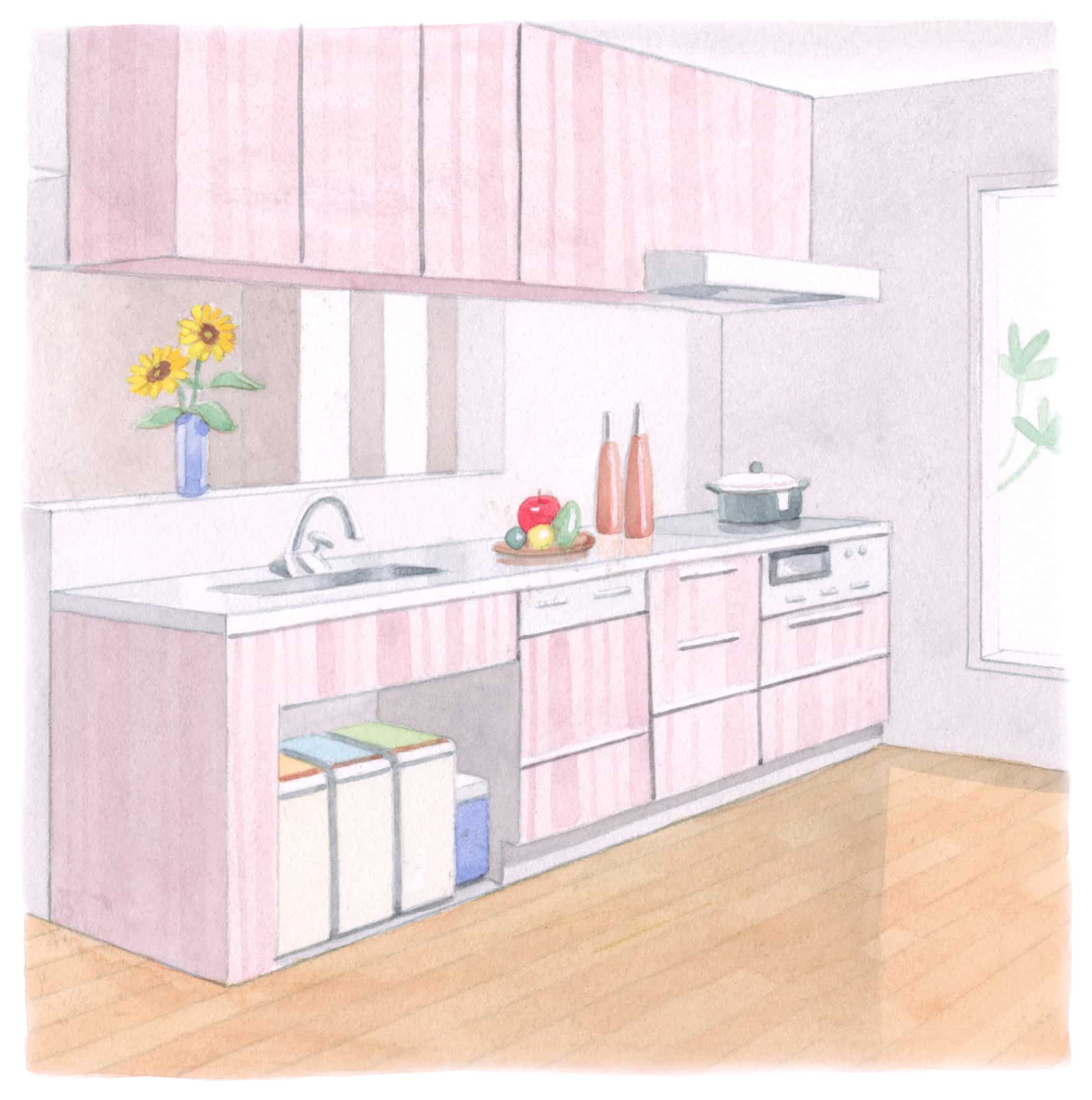 水彩画で描かれたキッチン