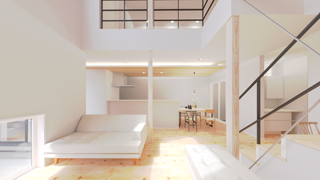 吹抜けで上下がつながる家